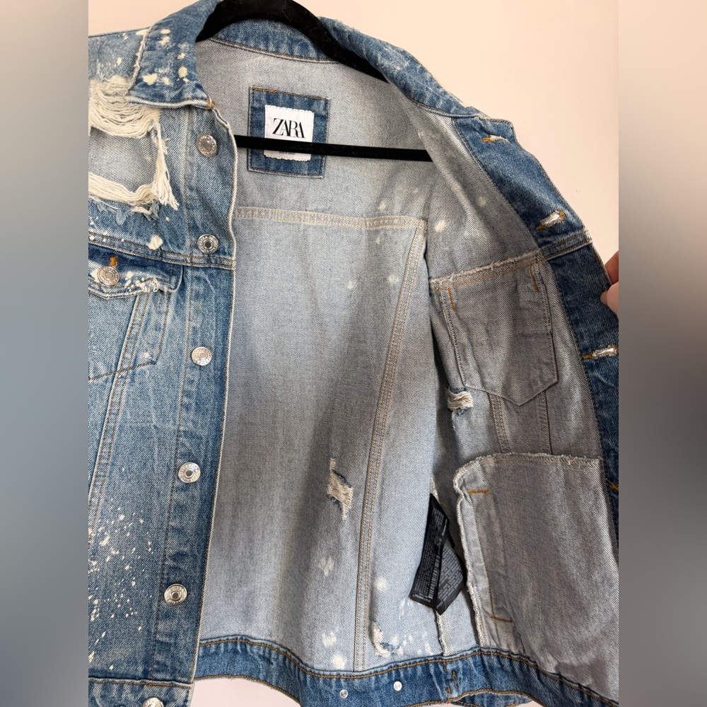 Zara Distressed Denim Jacket Bleach Splatter Cropped Size Small - Picture 10 of 10